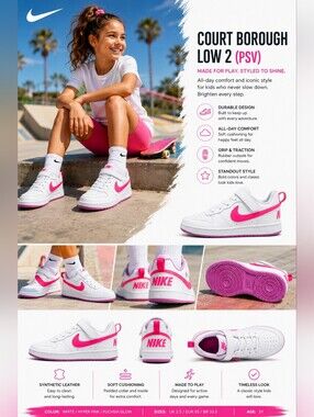 Nike Court Borough Low 2 PSV White / Hyper Pink Kids Sneakers
